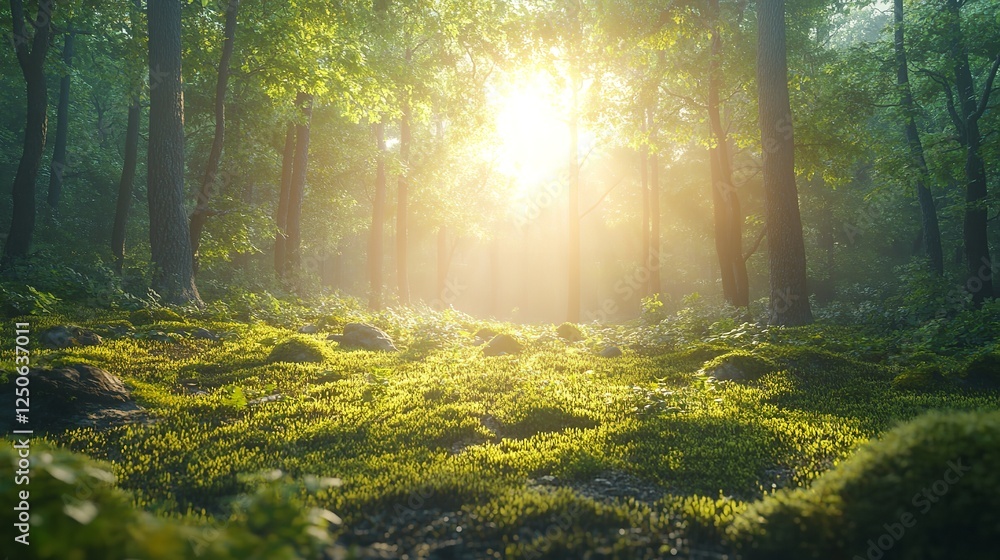 Fototapeta premium A serene forest scene illuminated by sunlight, featuring lush greenery and tranquil moss-covered terrain.