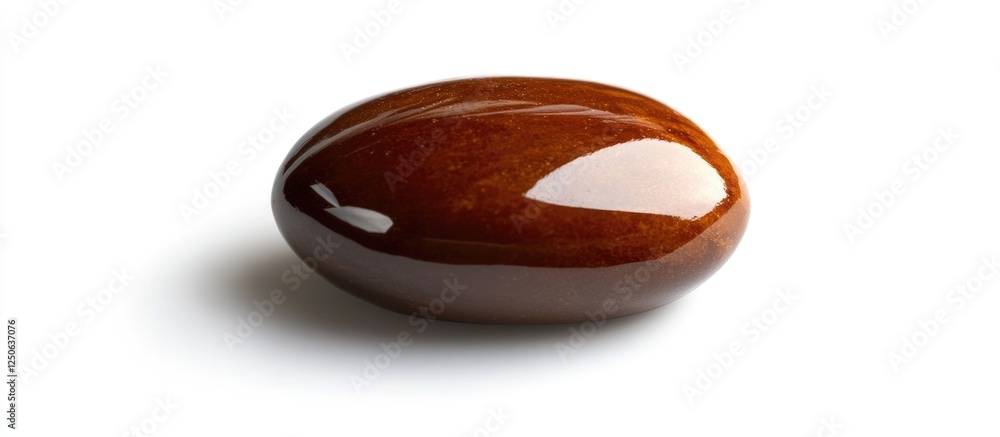Close-up of a shiny roasted coffee bean isolated on a clean white background showcasing its smooth, glossy surface and rich brown color. Close-up of a shiny roasted coffee bean isolated on a clean white background showcasing its smooth, glossy surface and rich brown color.