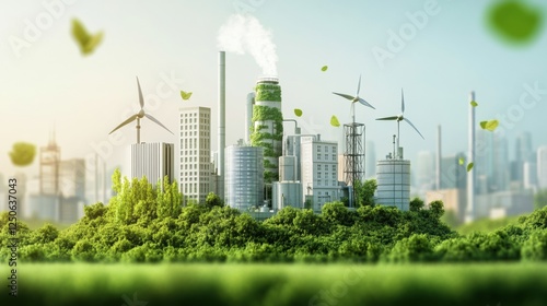 A polished decarbonization concept showing industrial transformation from pollution to green energy solutions