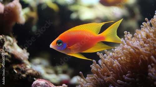 Vibrant Red Anthias Fish Swimming Gracefully Among Colorful Coral Reef Ecosystem photo