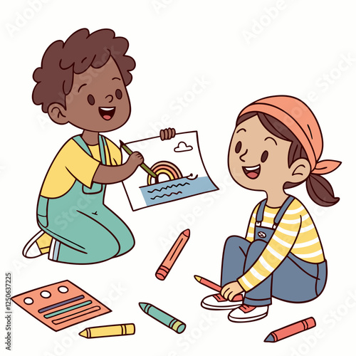 Creative kids happily drawing a rainbow picture with colorful crayons