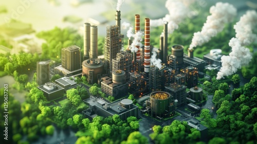 A vibrant decarbonization pathway, showing advanced factories powered by renewable energy, urban reforestation, and clean air technologies