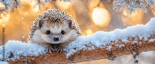 Hedgehog on Snowy Branch, Winter Wonderland, Sunny Background, Nature Photography photo