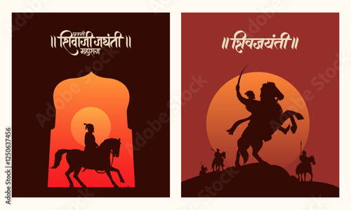 "Chhatrapati Shivaji Maharaj Jayanti" calligraphy, lettering in Hindi, Marathi, and Maratha warrior Chhatrapati Shivaji Maharaj vector illustration, Fort silhouette background
