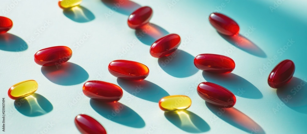 Red capsules and yellow tablets arranged on a light blue surface with shadows Vitamins and dietary supplements health care concept Red capsules and yellow tablets arranged on a light blue surface with shadows Vitamins and dietary supplements health care concept