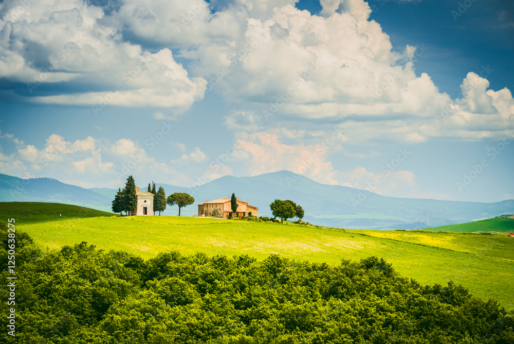 Val d'Orcia, Italy. Vitaleta Chapel (Cappella della Madonna di Vitaleta), San Quirico d'Orcia, Tuscany.