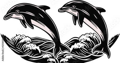 two dolphins jumping in water