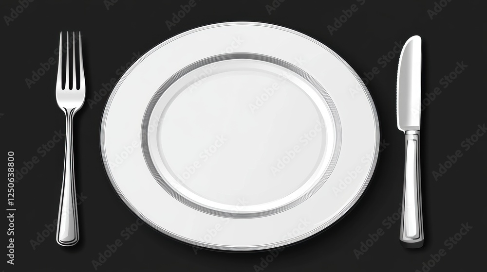 Elegant Table Setting with Empty Plate, Fork, and Knife on Dark Surface Elegant Table Setting with Empty Plate, Fork, and Knife on Dark Surface