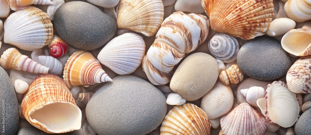Natural seashore stones and seashells background textured surface with various colors and shapes creating a coastal aesthetic. Natural seashore stones and seashells background textured surface with various colors and shapes creating a coastal aesthetic.