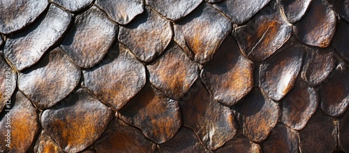 Textured close-up of the unique scale-like bark of an ancient tree showcasing rich earthy tones and natural patterns. photo