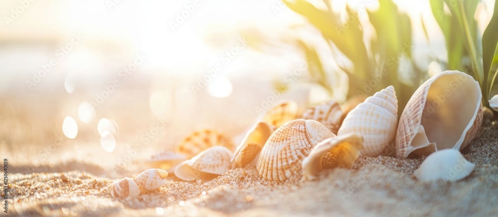 Seashells on sandy beach with soft sunlight creating a serene coastal atmosphere ideal for nature and travel themes. Seashells on sandy beach with soft sunlight creating a serene coastal atmosphere ideal for nature and travel themes.