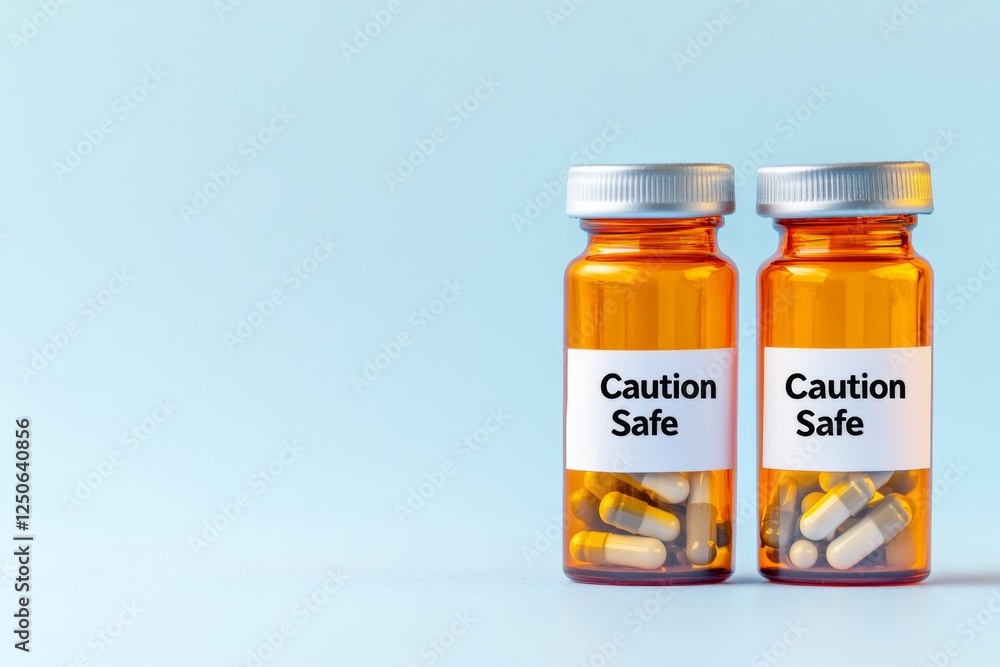 Minimalist Pharmaceutical Bottles with Caution Labeling on Soft Blue - Safety Awareness in Healthcare Marketing and Product Design Minimalist Pharmaceutical Bottles with Caution Labeling on Soft Blue - Safety Awareness in Healthcare Marketing and Product Design