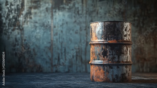 Crude oil barrel with industrial background, metallic texture, black oil stains, factory setting, realistic lighting