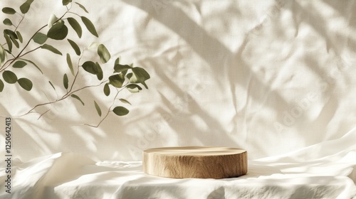 Eco-friendly organic podium background, soft linen and wooden textures, natural minimalist composition, bright and fresh aesthetic