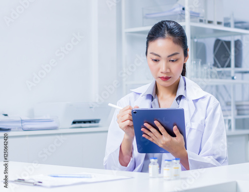 Focused Asian Woman researcher work in laboratory, records chemical analysis results on digital tablet while conducting chemical experiments in medical laboratory, contributing to vaccine development. photo