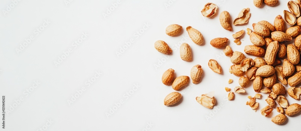 Roasted peanuts in shell and scattered on a white background highlighting natural snack ingredients and textures