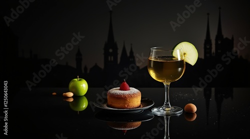 Moody evening setup with austrian gruner veltliner and dessert on dark backdrop photo