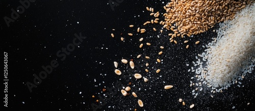 Scattered uncooked rice and grains on a dark background showcasing textures and colors of various cereals and rice varieties.
