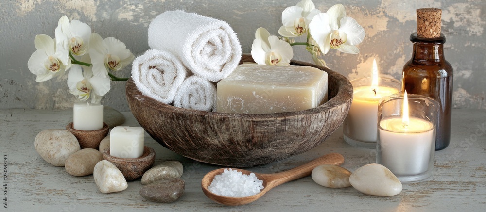 Spa Relaxation Scene with Rolled Towels Soap Candles Stones and Orchid Flowers on Grey Background Perfect for Wellness Promotions Spa Relaxation Scene with Rolled Towels Soap Candles Stones and Orchid Flowers on Grey Background Perfect for Wellness Promotions