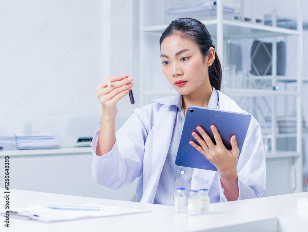 Asian woman expert Scientist checklist for DNA, blood test, medical exam result for vaccine development on tablet sit at laboratory. Medical science vaccine research and development for medical. Asian woman expert Scientist checklist for DNA, blood test, medical exam result for vaccine development on tablet sit at laboratory. Medical science vaccine research and development for medical.