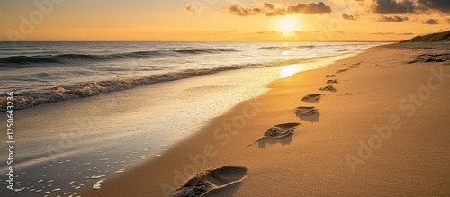 Golden sunrise over sandy beach with footprints at Bunken AalbÃ¦k Bay, Baltic Sea in North Jutland, Denmark. photo