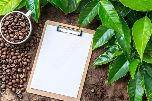 A blank clipboard on a blur background with green leaves and coffee, in a flat lay style photo