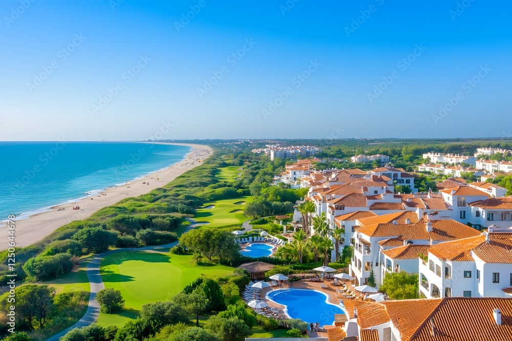 Naklejka premium A luxury beach resort with multiple pools and a golf course on the right side of the frame, surrounded by greenery and sandy beaches. The clear blue sky above