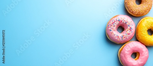 Vibrant Donut Styling Colorful Glazed and Sprinkled Donuts on Minimalist Surface - Trendy Bakery Visuals and Engaging Social Media Marketing photo