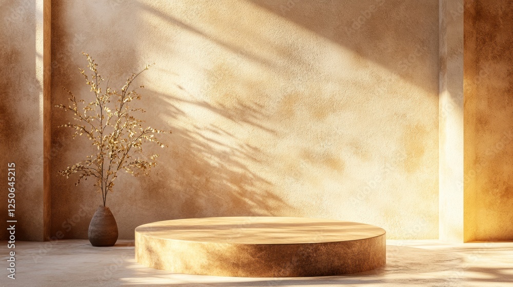 Handcrafted earth tone podium with warm glow, textured handmade surface, earthy neutral colors, soft golden backlight, rustic and natural elegance Handcrafted earth tone podium with warm glow, textured handmade surface, earthy neutral colors, soft golden backlight, rustic and natural elegance