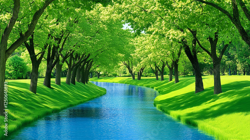A beautiful forest with clear blue water in the middle, surrounded by trees and grass on both sides. A serene natural landscape, filled with the vibrant colors of green. 