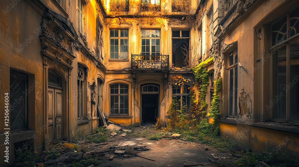 Fototapeta premium Abandoned Courtyard with Overgrown Vegetation and Deteriorating Walls