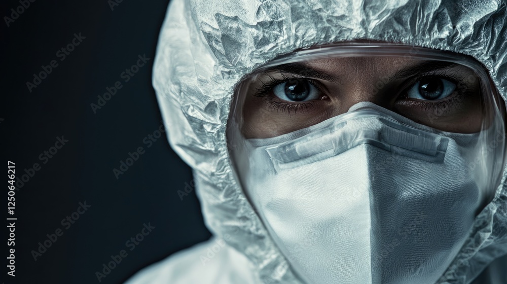 Scientist in protective suit focused on research with intense gaze highlighting safety and precision in the modern laboratory environment Scientist in protective suit focused on research with intense gaze highlighting safety and precision in the modern laboratory environment