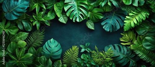 Lush green tropical leaves background featuring vibrant dicotyledon foliage with subtle shadows for a natural ambiance. photo