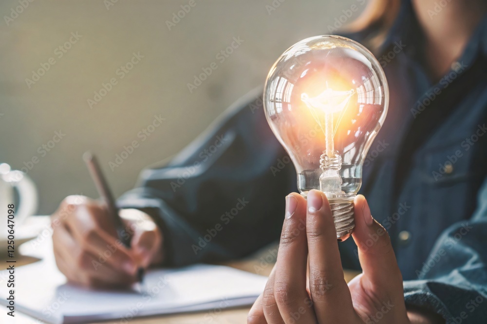 New Idea and Creative Concept for Businesswoman, Hand Holding Lightbulb Symbolizing Innovation. New Idea and Creative Concept for Businesswoman, Hand Holding Lightbulb Symbolizing Innovation.