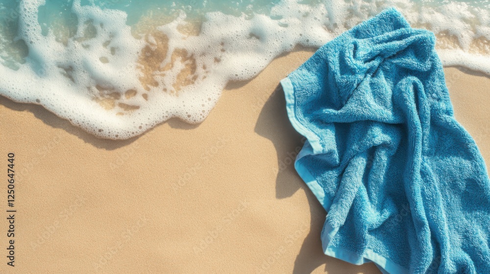 Fototapeta premium Blue Towel on Sandy Beach with Gentle Waves and Ocean Foam