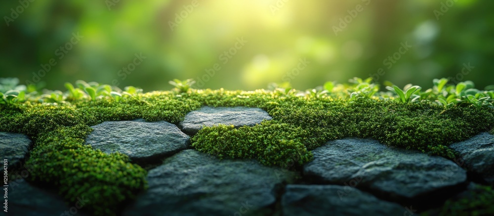 Lush green stone texture background showcasing natural elements and soft sunlight creating a serene outdoor atmosphere. Lush green stone texture background showcasing natural elements and soft sunlight creating a serene outdoor atmosphere.