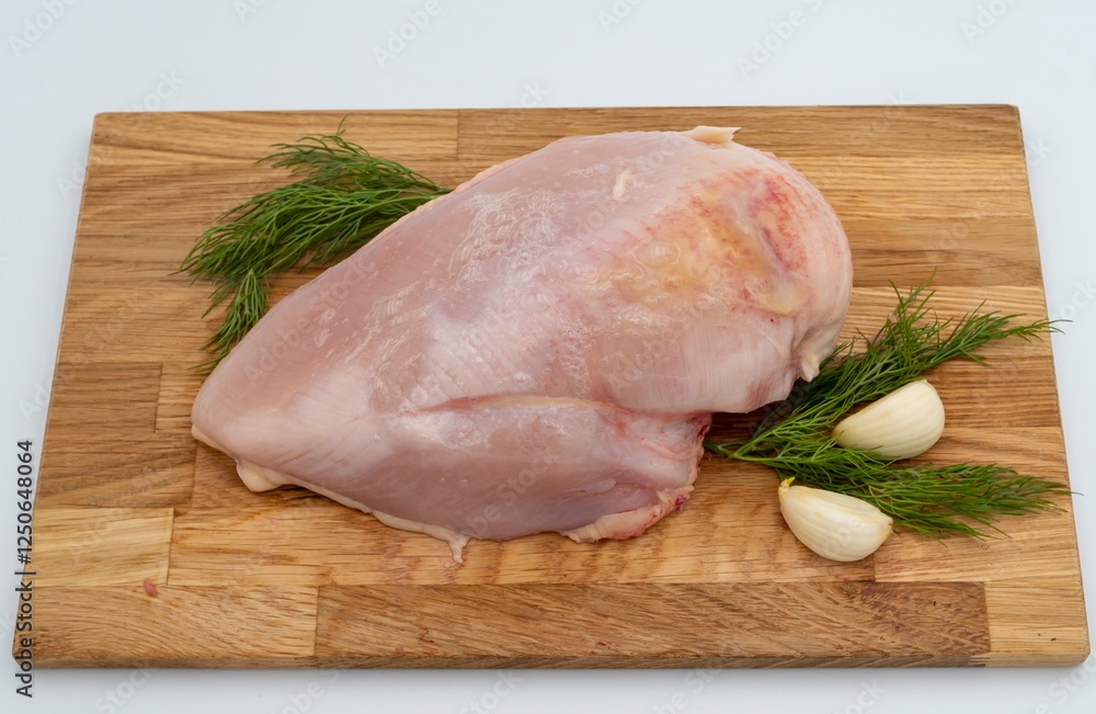 Fresh raw chicken breast on a wooden board with dill and garlic. Fresh raw chicken breast on a wooden board with dill and garlic.