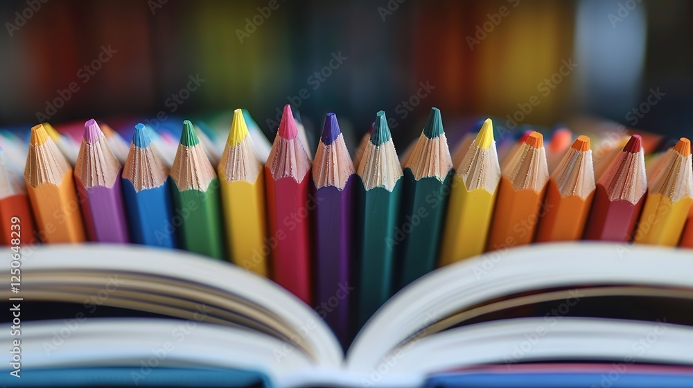Close-up of colored pencils with books Close-up of colored pencils with books