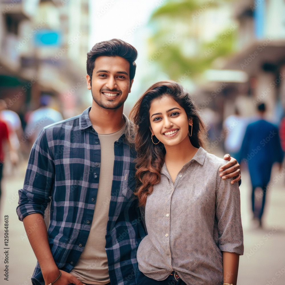happy indian couple standing together outdoor happy indian couple standing together outdoor
