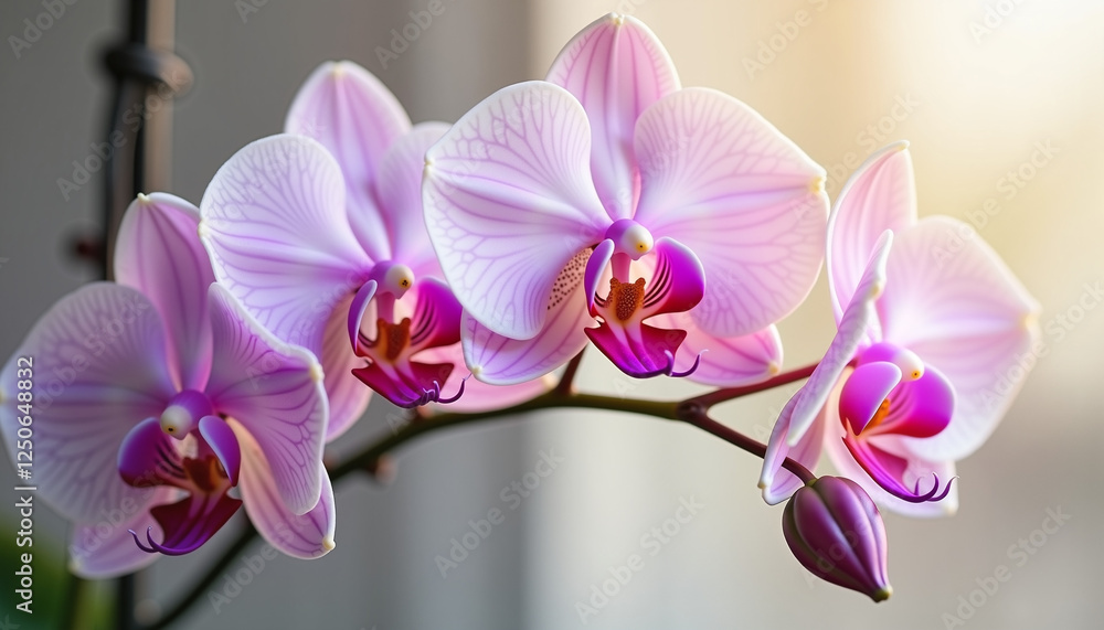 Freshly bloomed orchids near a sunlit window Freshly bloomed orchids near a sunlit window