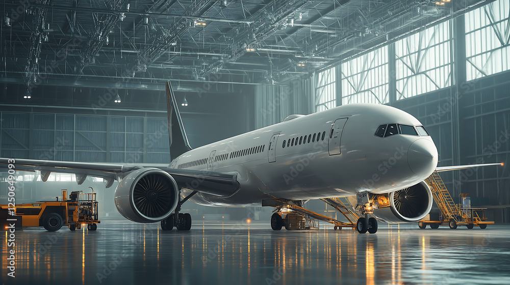 Obraz premium The passenger aircraft waiting for services maintenance of engine and fuselage repair in airport hangar. Large passenger aircraft on service in an aviation hangar 