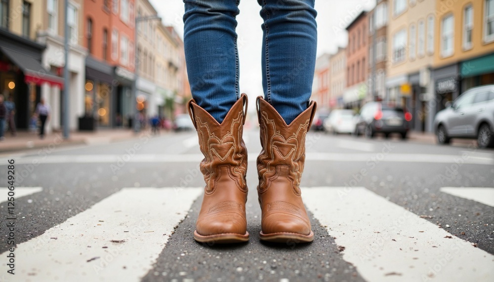 Cowboy boots worn by person standing on urban street, fashion statement Cowboy boots worn by person standing on urban street, fashion statement