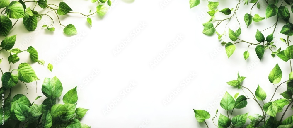 Green foliage border with branches and leaves on a clean white background ideal for nature-themed designs and text placement Green foliage border with branches and leaves on a clean white background ideal for nature-themed designs and text placement