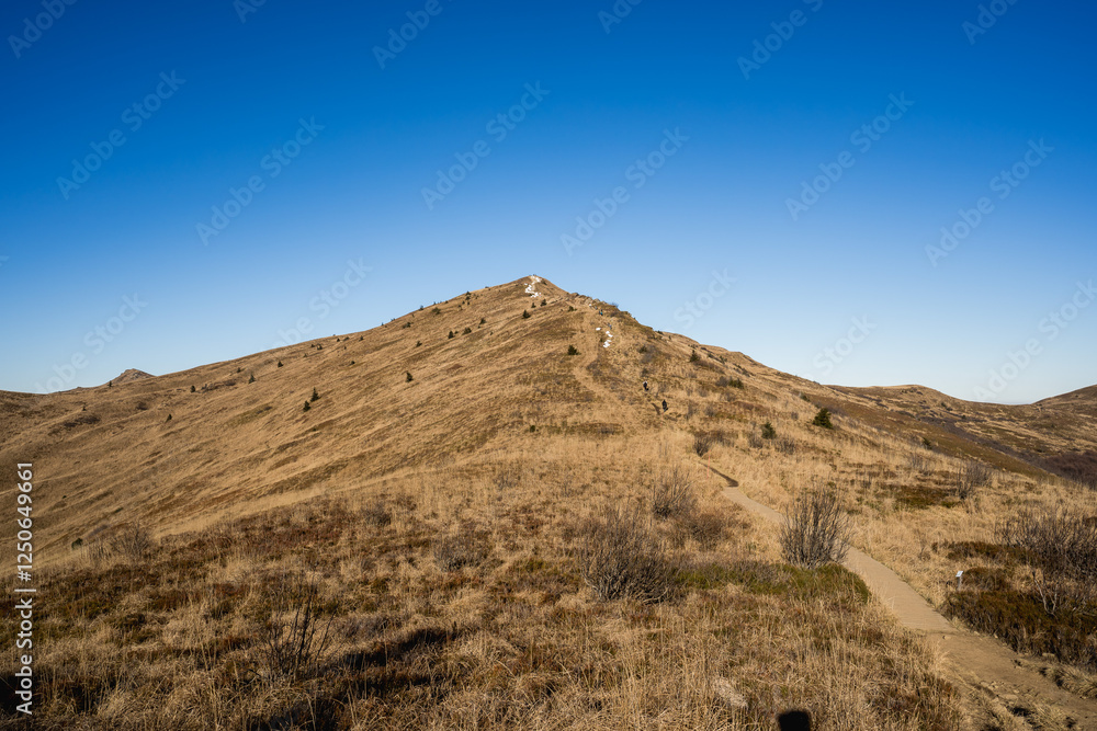 Scenic autumn landscapes from a trekking loop in Bieszczady, featuring views from Tarnica, Halicz, Rozsypaniec, Bukowe Berdo, Połonina Wetlińska, and the Ukrainian Bieszczady under a clear blue sky Scenic autumn landscapes from a trekking loop in Bieszczady, featuring views from Tarnica, Halicz, Rozsypaniec, Bukowe Berdo, Połonina Wetlińska, and the Ukrainian Bieszczady under a clear blue sky