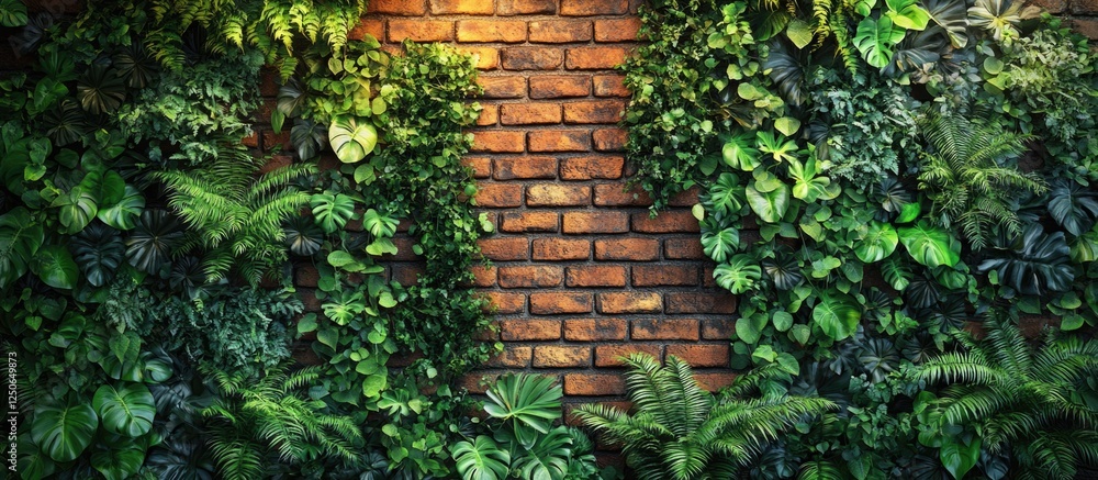 Lush green plants against a textured brick wall creating a vibrant natural backdrop for interior design and decor themes. Lush green plants against a textured brick wall creating a vibrant natural backdrop for interior design and decor themes.