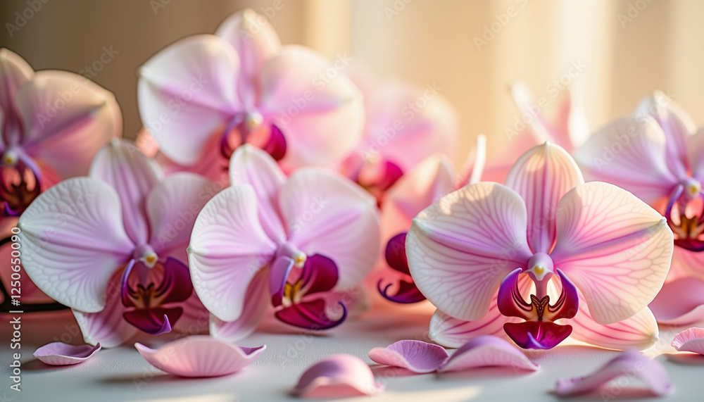Freshly bloomed orchids with delicate fallen petals Freshly bloomed orchids with delicate fallen petals