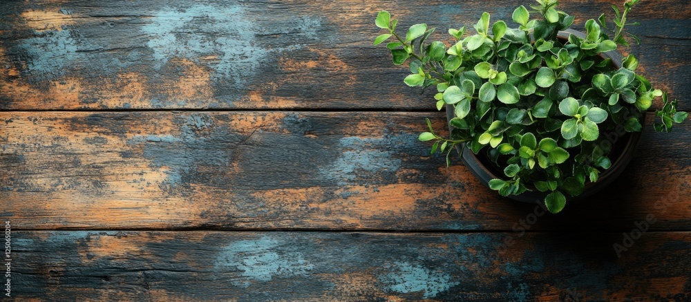 Green plant in black pot on textured wooden board background from above showcasing natural elements and rustic decor aesthetics Green plant in black pot on textured wooden board background from above showcasing natural elements and rustic decor aesthetics