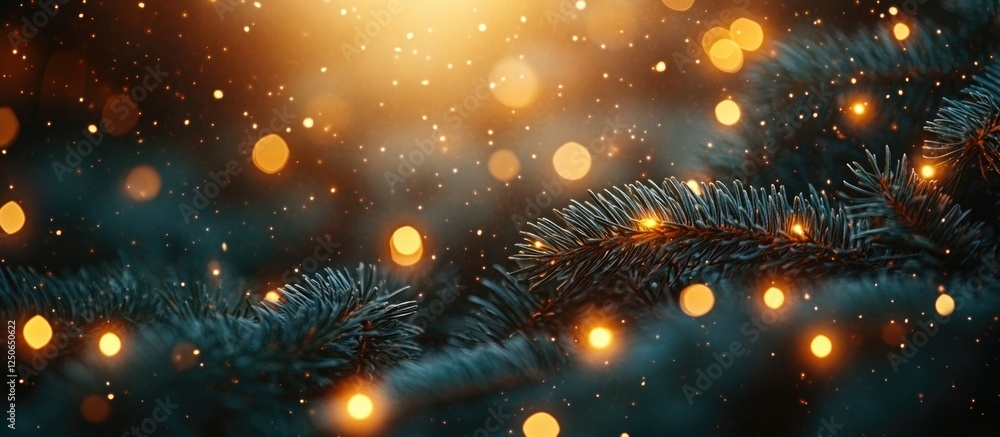 Close-up of green pine tree branches adorned with snow and twinkling lights creating a warm winter atmosphere Close-up of green pine tree branches adorned with snow and twinkling lights creating a warm winter atmosphere