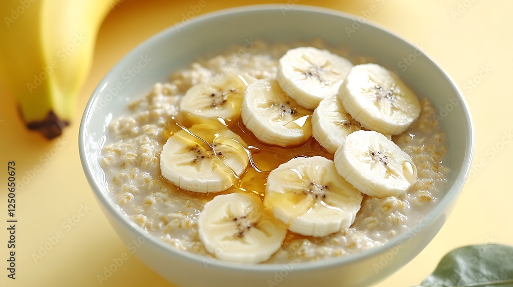 A warm bowl of creamy oatmeal with a drizzle of honey, topped with sliced bananas, on a soft yellow background, A warm bowl of creamy oatmeal with a drizzle of honey, topped with sliced bananas, on a soft yellow background,