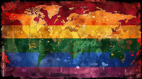 Fototapeta Naklejka Na Ścianę i Meble -  Rainbow flag waves against world map celebrating diversity and global lgbtq rights and inclusion
